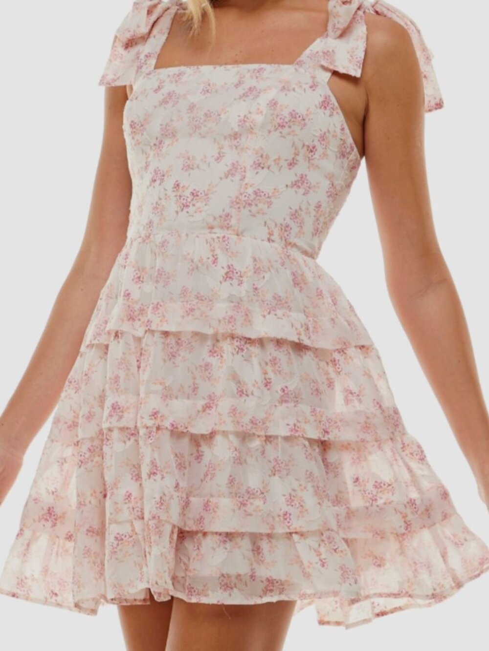 Trixxi Women's Juniors' Pink Floral Tiered Tied Ruffled Mini Dress Size 3